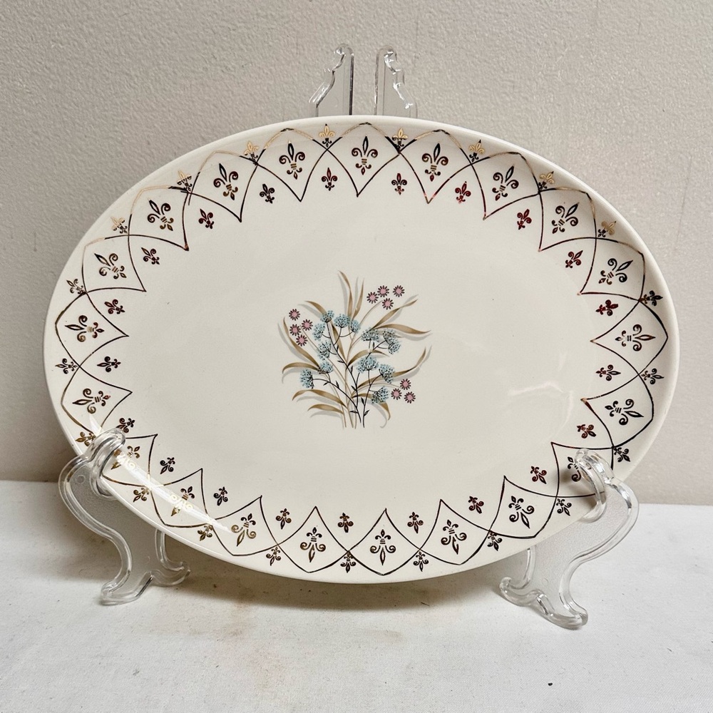 Vintage Floral Thistle Pattern Oval Serving Platter with Gold Fleur des Lis Rim